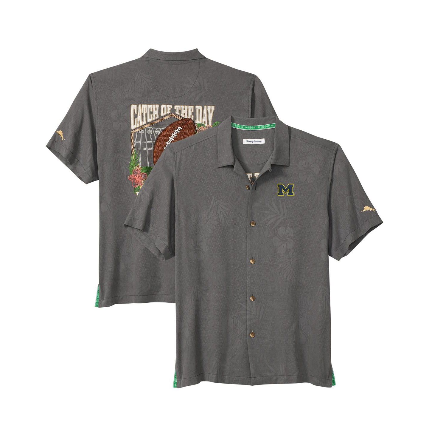 Мужская футболка Tommy Bahama Gray Michigan Wolverines Catch of the Day Camp IslandZone Button-Up — фото 1