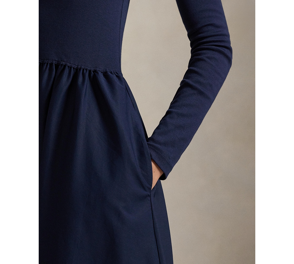 Polo Ralph Lauren Mixed Media Long Sleeve Cotton Dress In Blue