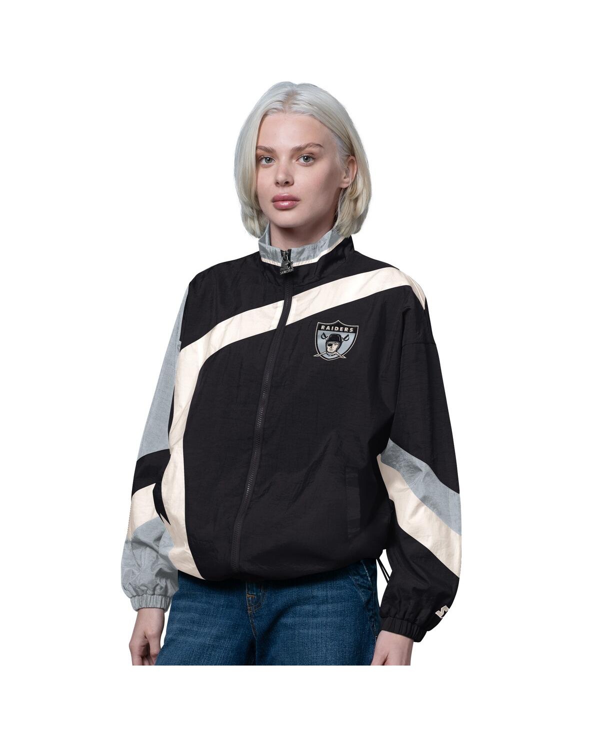 Starter Women's Black/silver Las Vegas Raiders 1st Quarter Full-zip Windbreaker Jacket In Animal Print