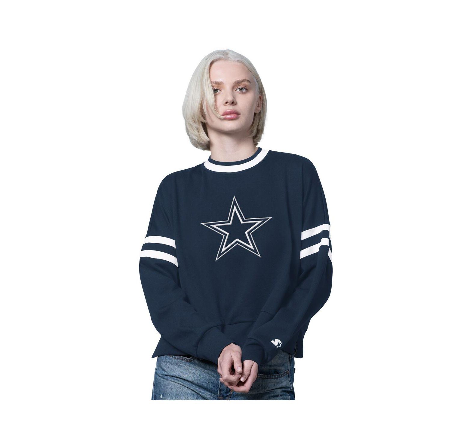 Women's Navy Dallas Cowboys Rally Drop Shoulder Cropped Sweatshirt