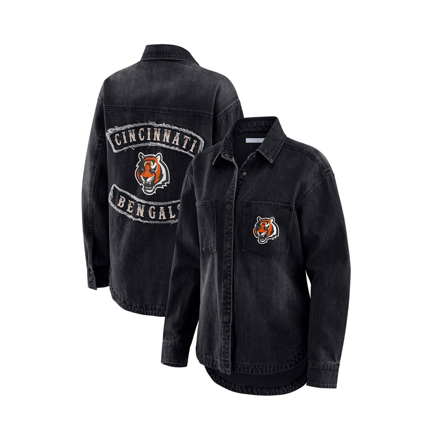 Женские куртки WEAR by Erin Andrews Black Cincinnati Bengals Washed Oversized Denim Full-Snap Shacket — фото 1