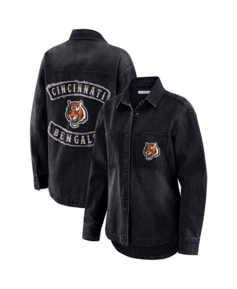 Женские куртки WEAR by Erin Andrews Women's Black Cincinnati Bengals Washed Oversized Denim Full-Snap Shacket