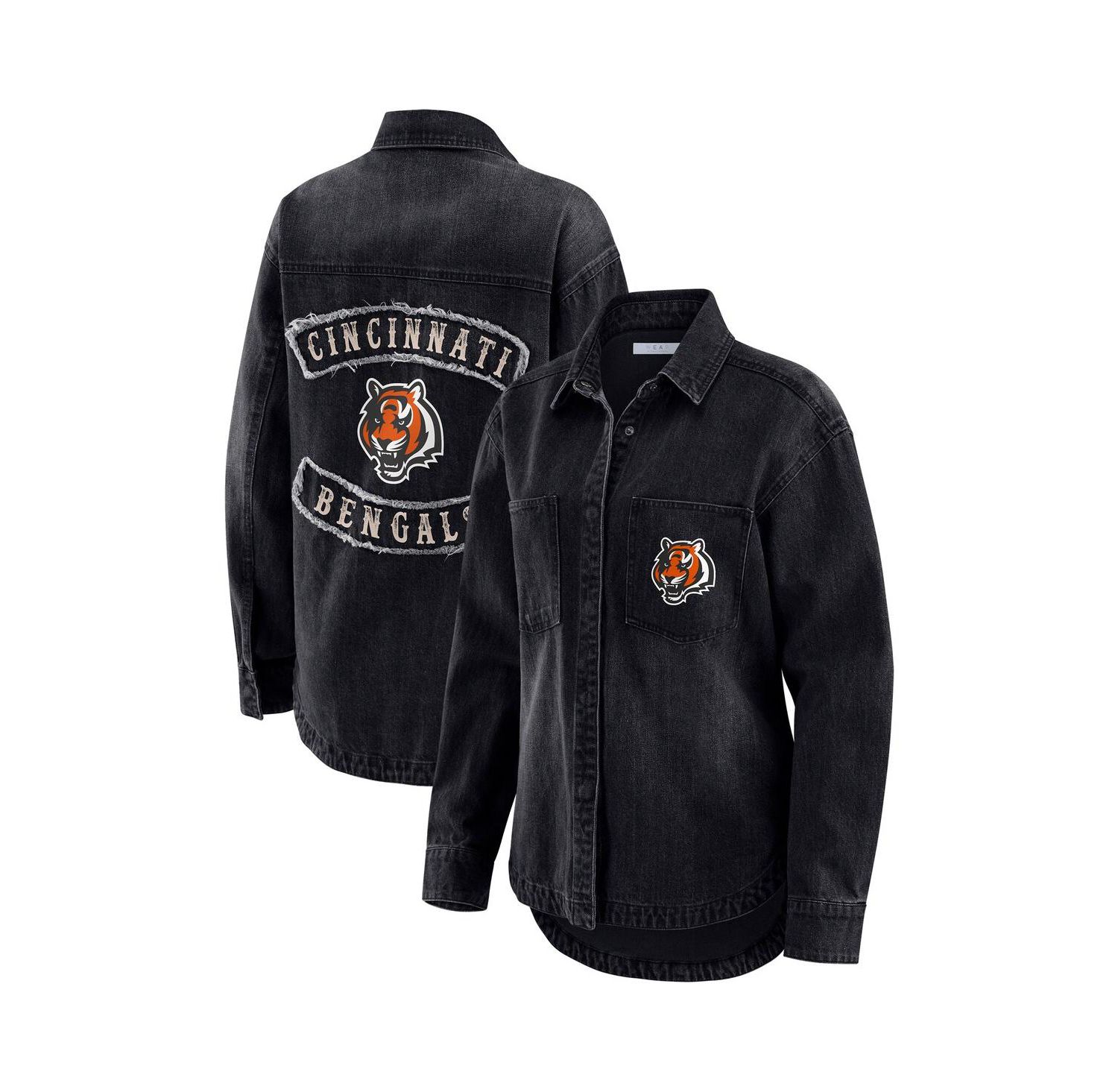Women's Black Cincinnati Bengals Washed Oversized Denim Full-Snap Shacket