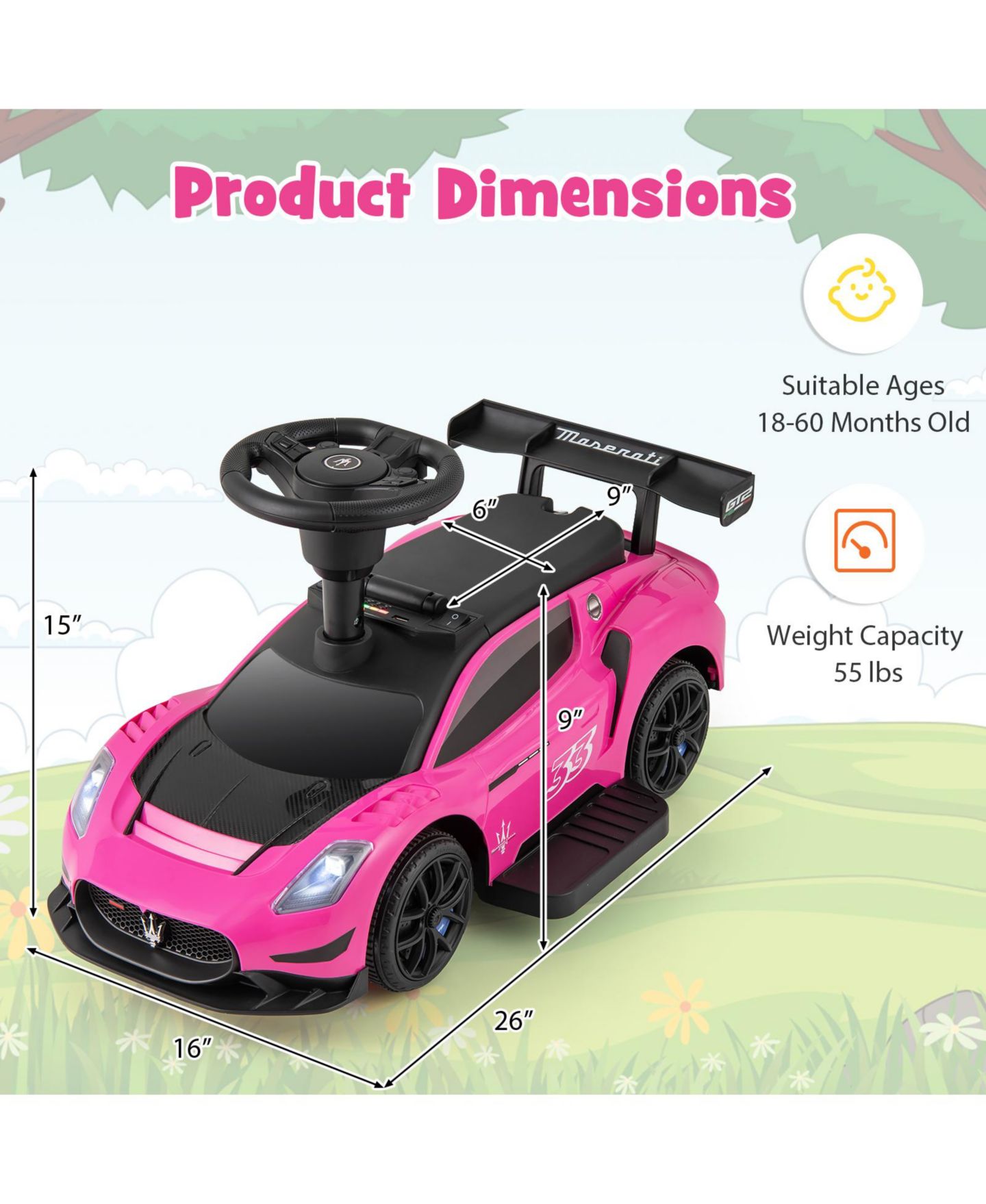Детская игрушка Gymax Electric Maserati-Licensed Foot-to-Floor Ride-On Push Car, 55 lbs Capacity, Ages 18-60 Months, цвет: Розовый — фото 3