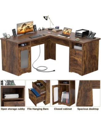 L Shaped Desk with Charging Station, Computer Desk Workstation with File Cabinet and Drawers for Office