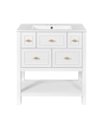 30-Inch Bathroom Vanity with Ceramic Sink Combo, Freestanding Single Vanity, 5 Drawers & Solid Wood Storage