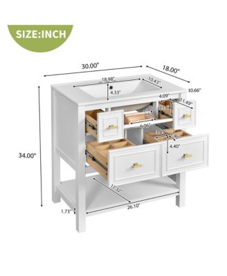 30-Inch Bathroom Vanity with Ceramic Sink Combo, Freestanding Single Vanity, 5 Drawers & Solid Wood Storage