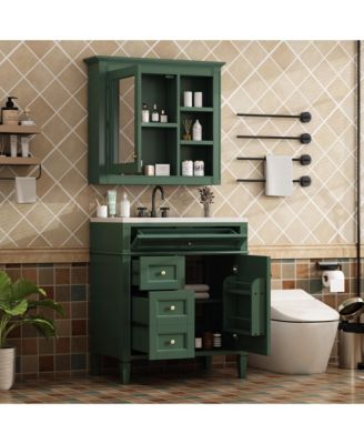 30'' Bathroom Vanity with Top Sink, Mirror Cabinet, 2 Drawers & Tip-out Drawer