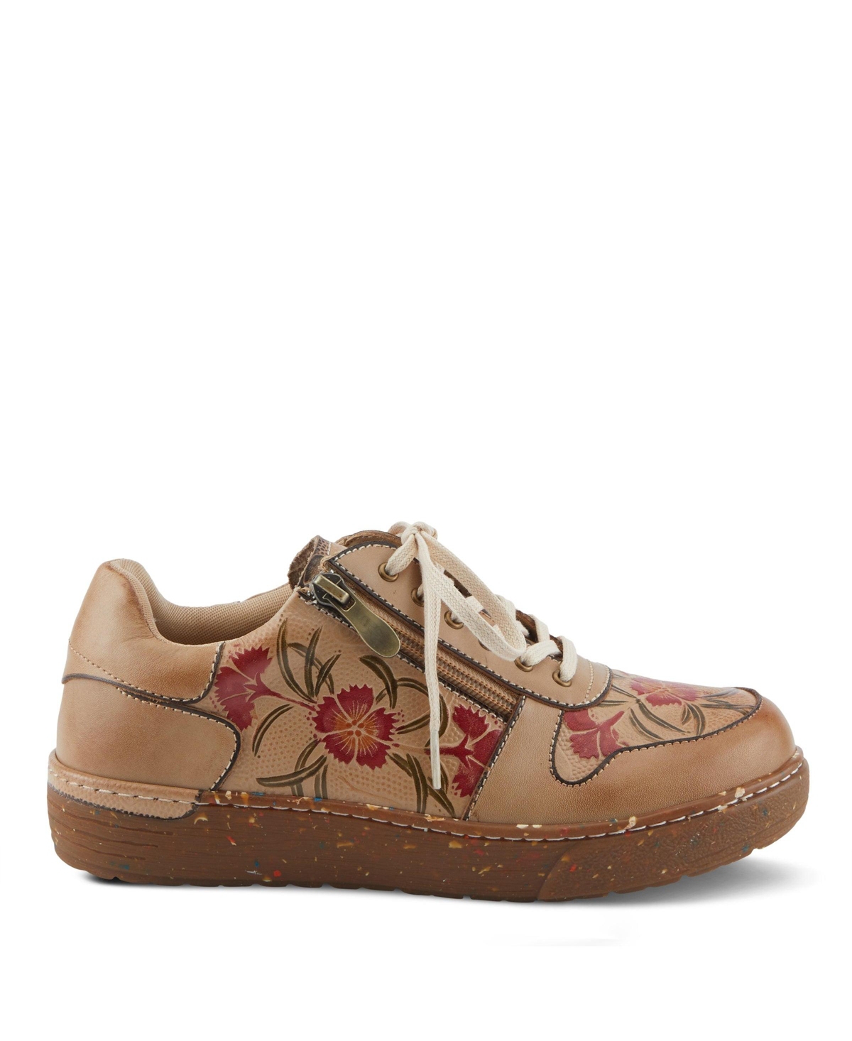 L Artiste Women s Sincerity Handpainted Leather Sneakers with Embossed Floral Accents and Side Zipper
