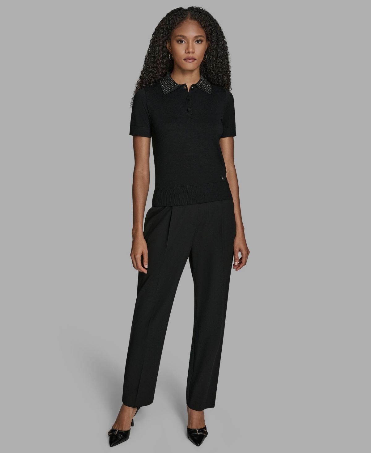 Bcbg Women's Short Sleeve Collared Neck Top In Black