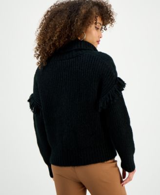 Petite Fringe-Trim Cable Knit Turtleneck Sweater, Macy's Exclusive 