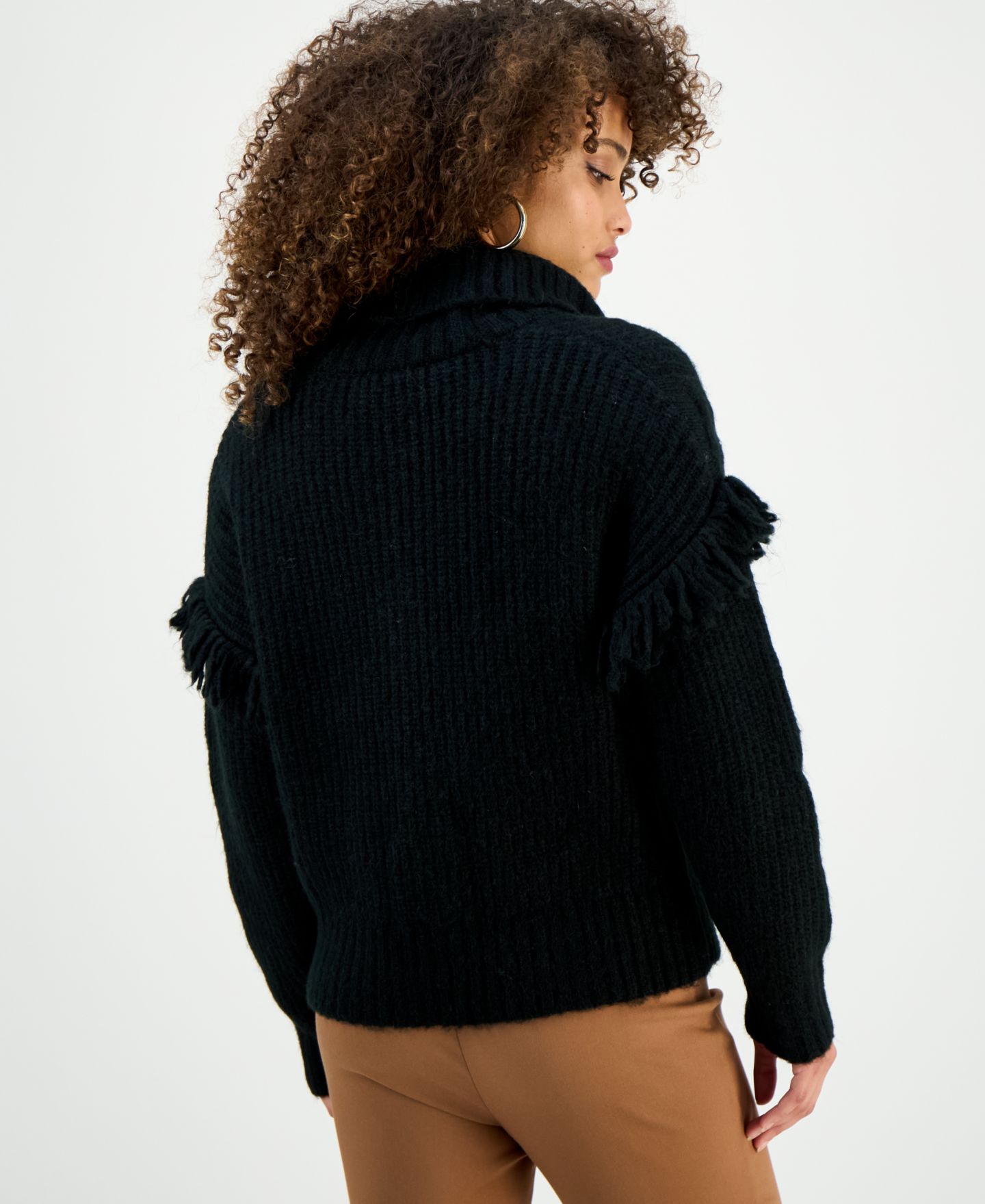 Женский свитер I.N.C. International Concepts Petite Fringe-Trim Cable Knit Turtleneck, цвет: Глубокий чёрный — фото 2