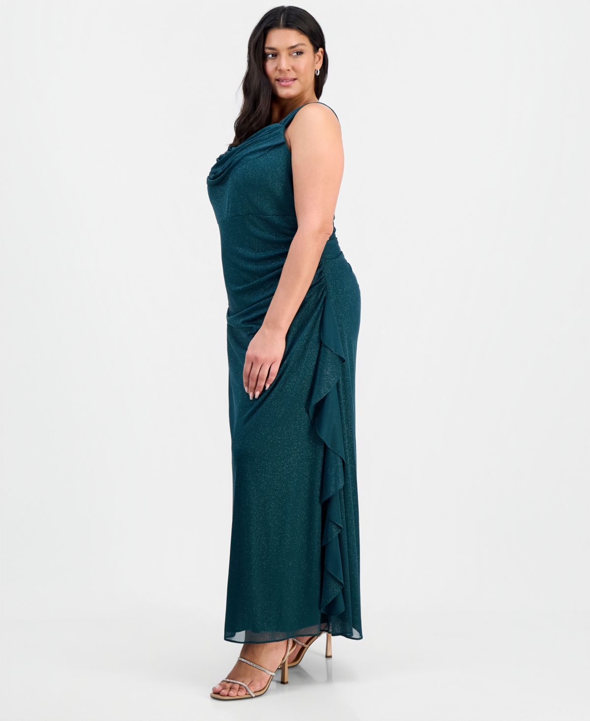 Alex Evenings Plus Size Cowlneck Ruched Glitter Gown In Green