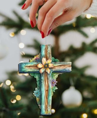 Holiday Teal Cross Wooden Ornament