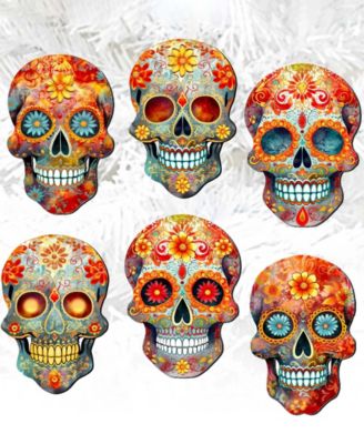 Sugar Skulls Wooden Clip-on Ornaments, Set of 6