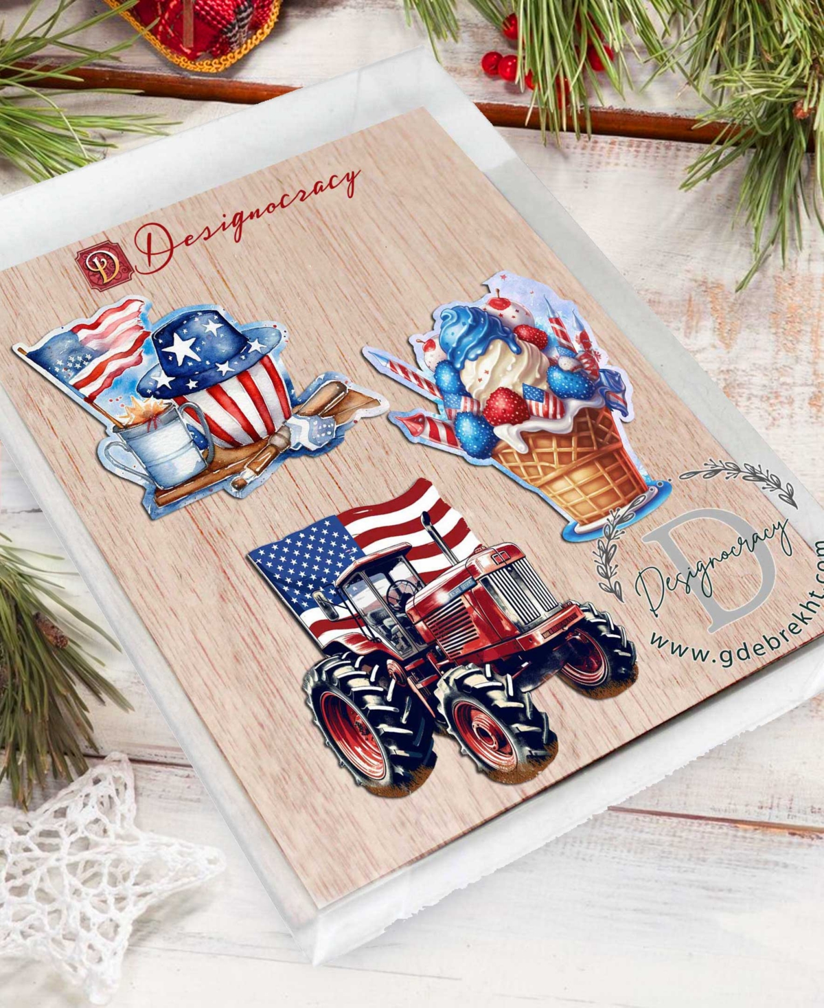 Designocracy American Farmhouse Wooden Ornaments, Set Of 3 In Multi