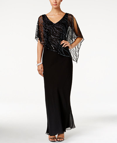 J Kara Beaded V-Neck Illusion-Overlay Gown - Dresses - Women - Macy's