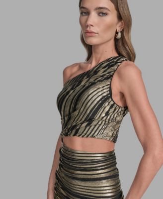 Women's Striped Asymmetrical One Shoulder Midi Dress