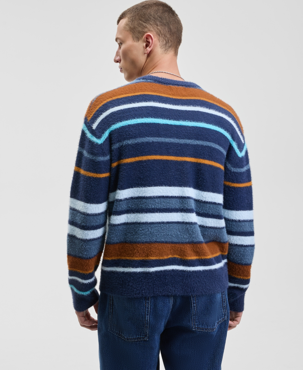 Mode Of One Men's Relaxed Fit Long Sleeve Fuzzy Striped Crewneck Sweater, Macy's Exclusive In Blue