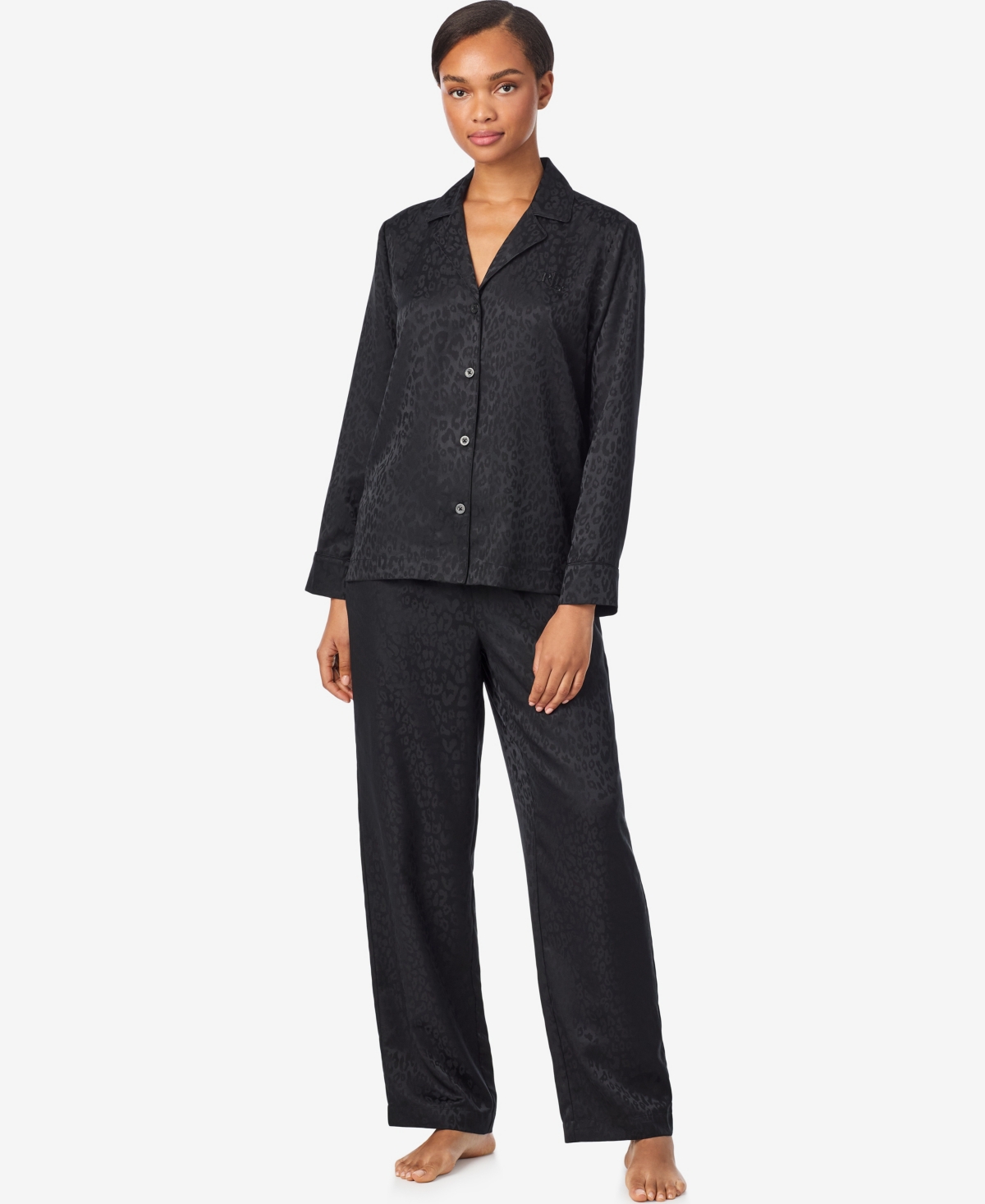 Ralph Lauren Lauren  Women's Notch Collar And Long Pant Pajama Set In Black
