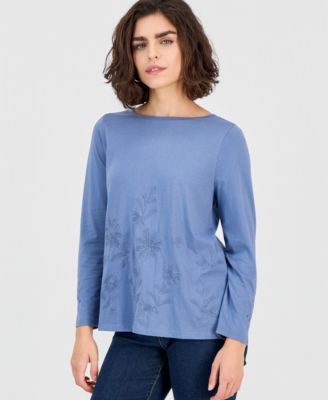 Style & Co - Women's Embroidered Boat-Neck Long-Sleeve Top