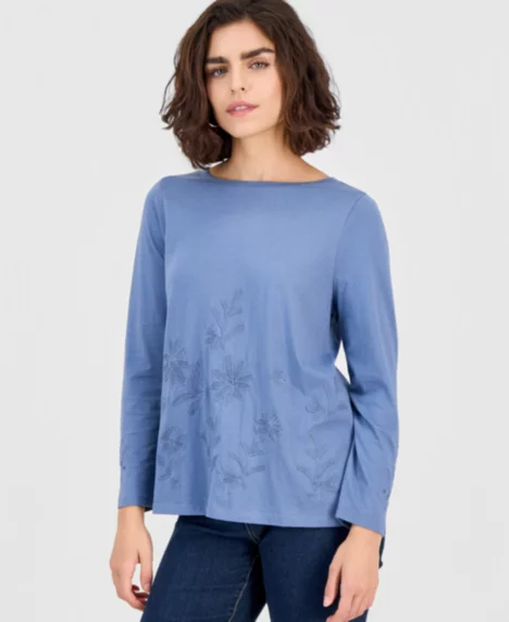 Petite Boat Neck Embroidered Top - Militia Blue