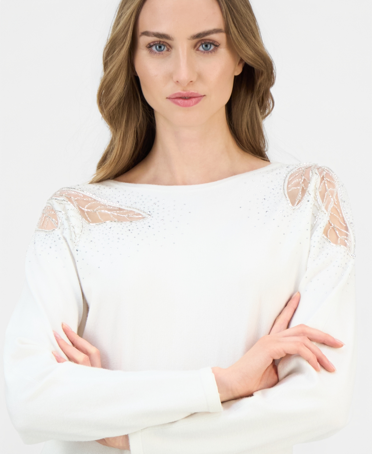T Tahari Women's Lace-inset Dolman-sleeve Sweater In White