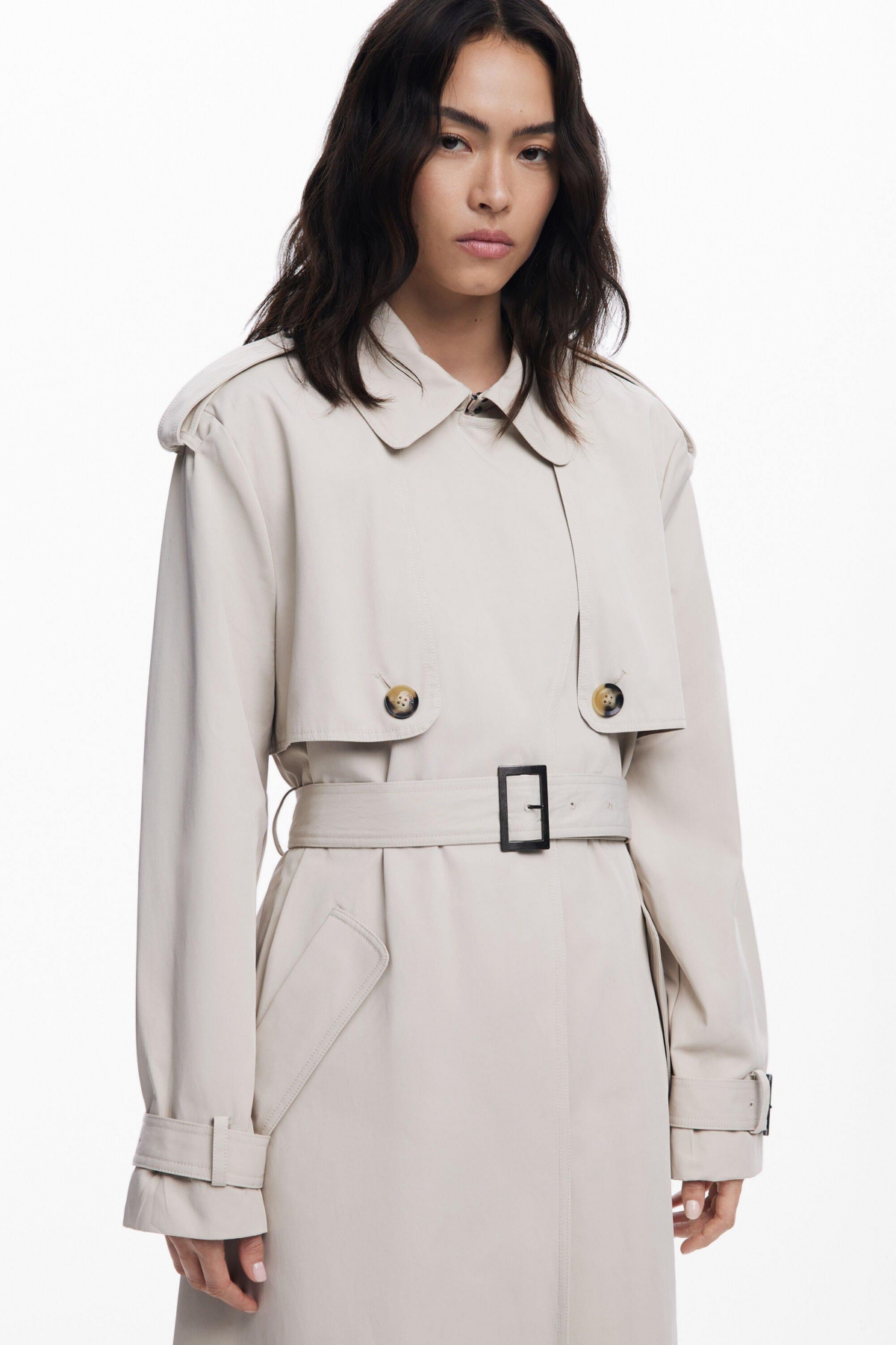 Desigual Belted Trench Coat In Gray