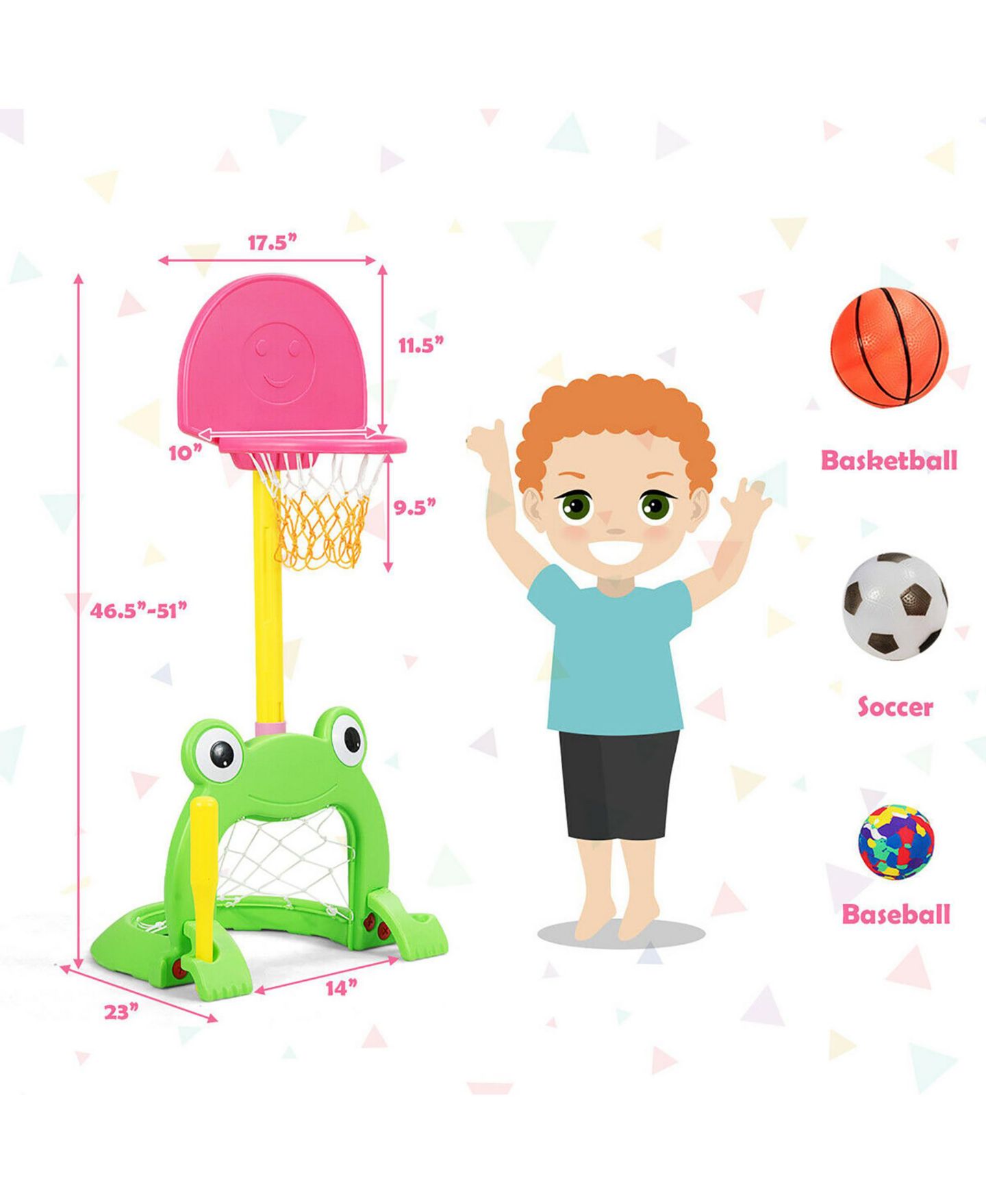 Детские игрушки Costway 3-in-1 Kids Basketball Hoop Set Adjustable Sports Activity Center, цвет: Розовый — фото 4