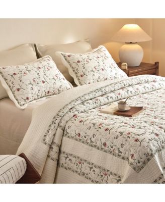 3Pcs 100% Cotton Embroidery Delicate Floral Quilt Bedspread Set King
