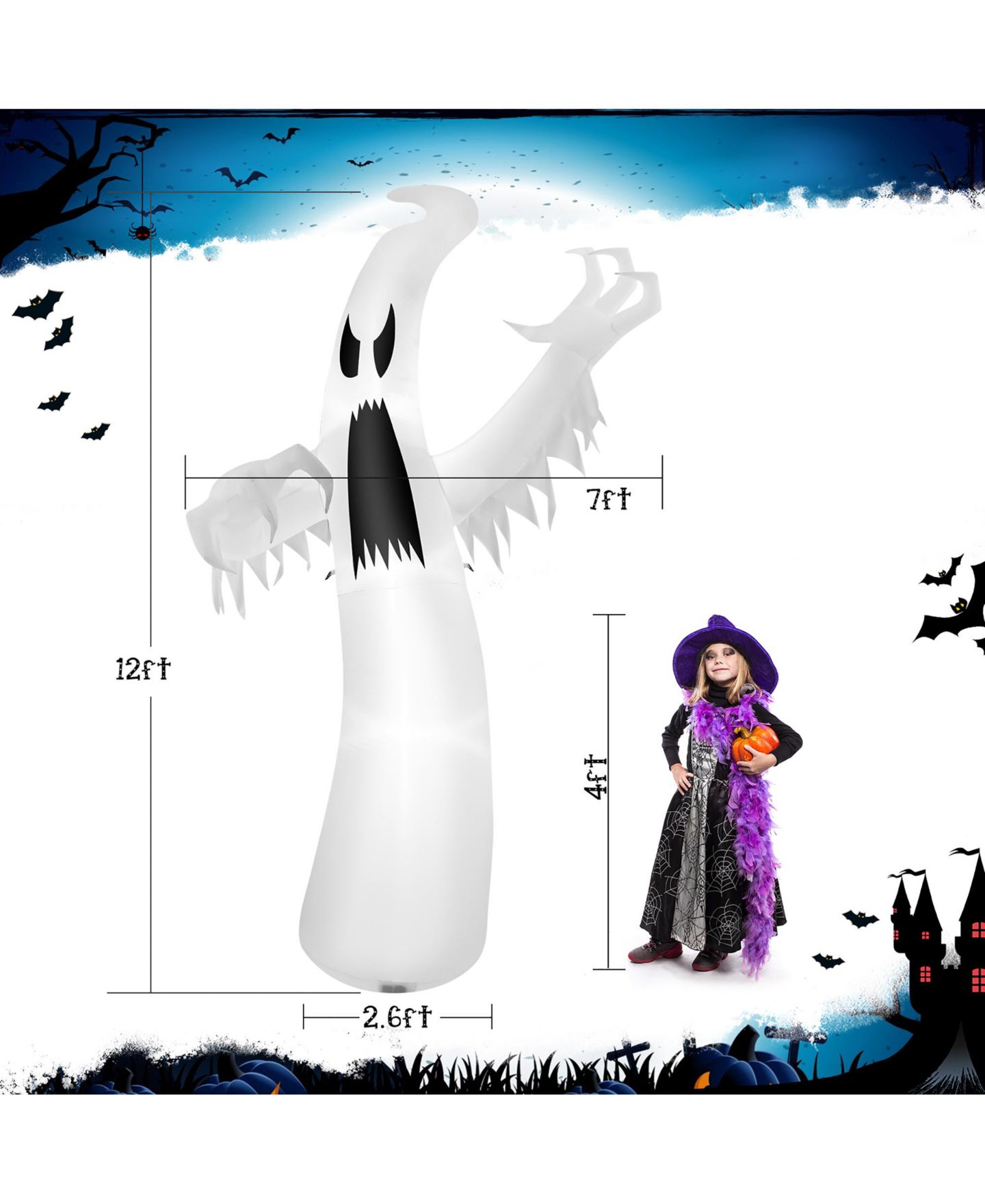 Детская игрушка Costway 12ft Halloween Inflatable Ghost Quick Blow up w/LED Lights Outdoor, цвет: Белый — фото 2