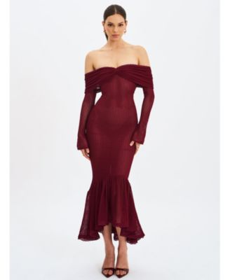 Women Kaedyn Burgundy Off Shoulder Long Sleeve Crochet Mermaid Maxi Dress
