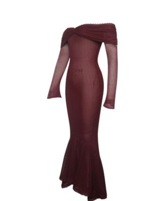 Women Kaedyn Burgundy Off Shoulder Long Sleeve Crochet Mermaid Maxi Dress