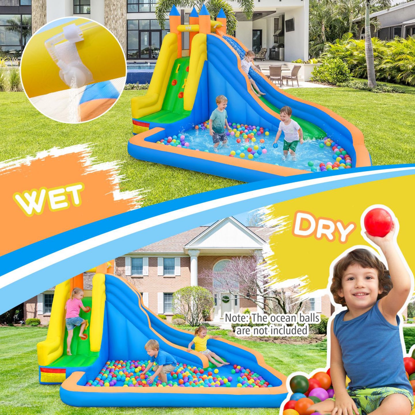 Детская игрушка Costway Mighty Inflatable Water Slide Splash Pool Bounce House, Ages 3+, цвет: Синий — фото 9