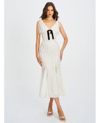 Women Paola White Peter Pan Collar Beaded Sequin Mermaid Midi Dress