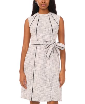 Petite Short Sleeves Belted Tweed Midi Dress