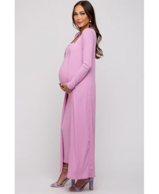 Pink Ribbed Sleeveless Dress Cardigan Maternity Set