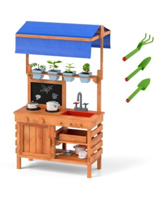 Mud Kitchen Wooden Pretend Play Kitchen w/ Height Adjustable Canopy