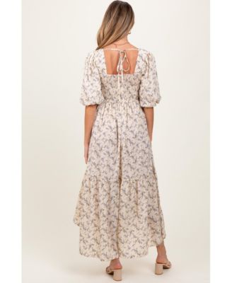 Maternity Ivory Floral Smocked Hi-Low Puff Sleeve Maxi Dress