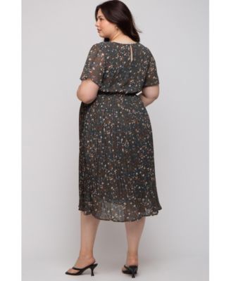 Plus Size Light Pink Floral Pleated Chiffon Midi Dress