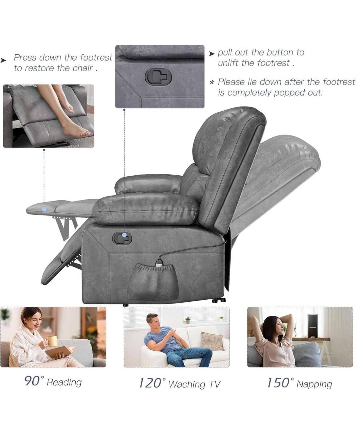 Aecojoy Recliner Couch with Massage&Heat Function, 3-Seat Wall Hunger Reclining Sofa