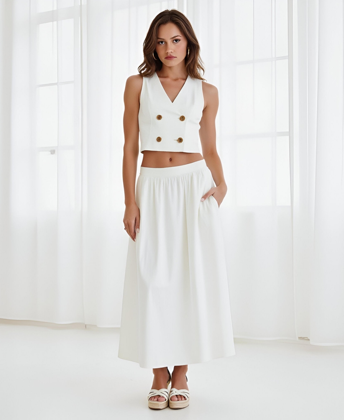 Modenaire Women's Double Breasted Vest And Maxi Skirt Two-Piece Set