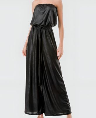 Women's Strapless Satin Belted Jumpsuit