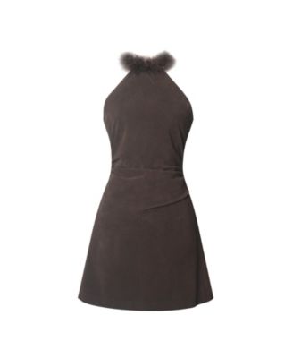 Women's Yael Espresso Suede Faux Fur Halter Mini Dress