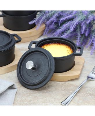 4 Piece Cast Iron 8 Ounce Mini Dutch Oven with Wood Tray