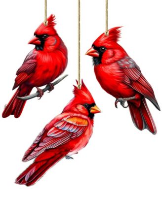 Red Cardinals Wooden Ornaments, Set of 3