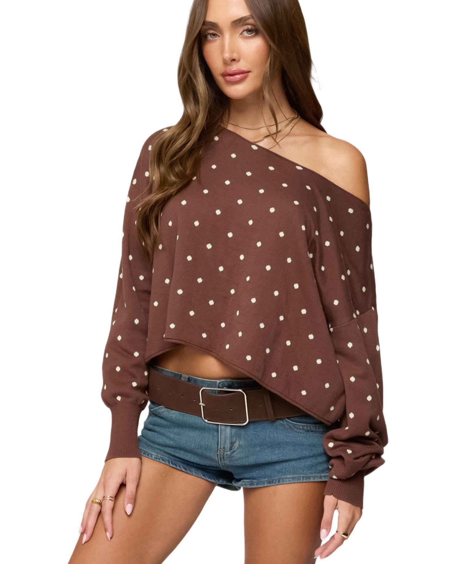 Women's Oversized Off Shoulder Polka Dot Sweater