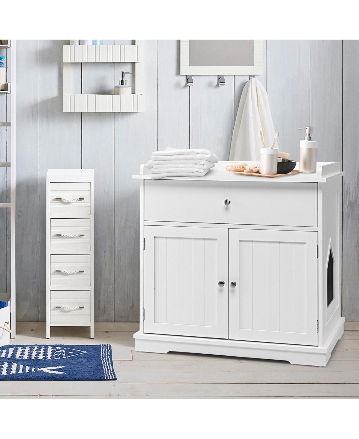 Gymax Wooden Cat Litter Box Enclosure w/ Drawer Side Table Furniture