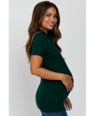 Maternity Forest Green Solid Short Sleeve Wrap Front Maternity/Nursing Top