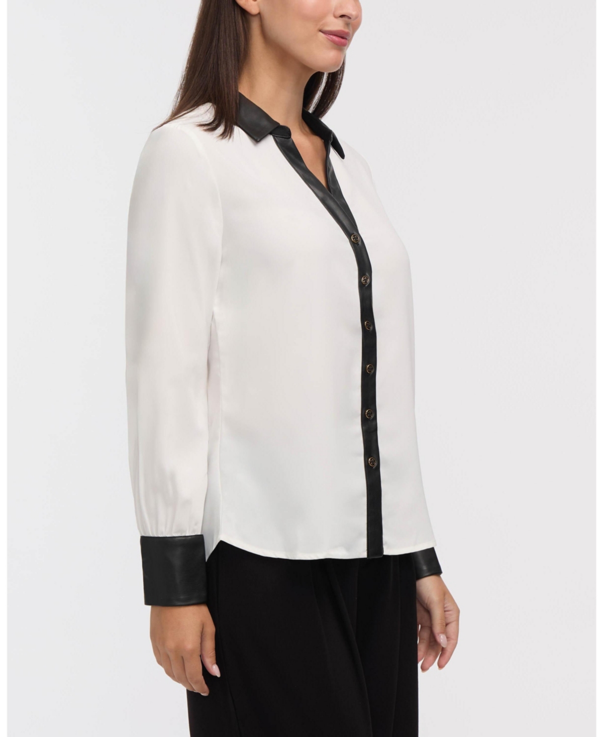 Ellen Tracy Women's Button-Down Blouse with Leather Detail